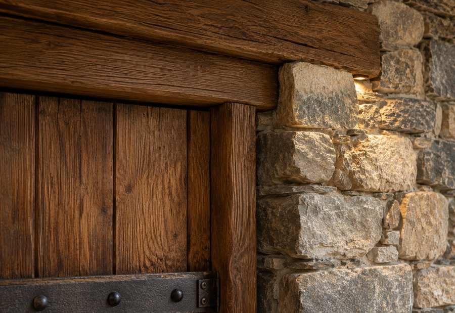 Detalle de madera y piedra en una casa rural