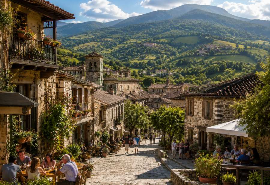 Pueblo rural con casas tradicionales