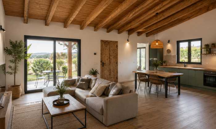 Interior bonito y luminoso de una casa Steel Frame